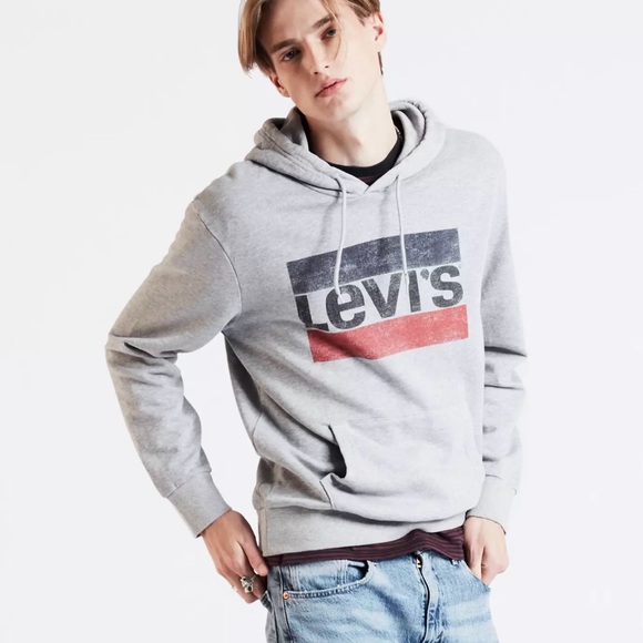 Levi’s Graphic Hoodie Men’s Size Small Heather Gray Logo Sweatshirt Fleece EUC - Picture 1 of 8